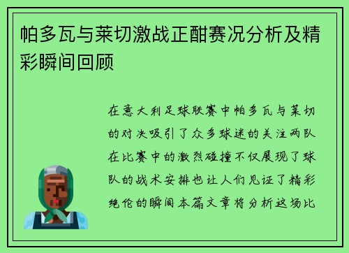 帕多瓦与莱切激战正酣赛况分析及精彩瞬间回顾