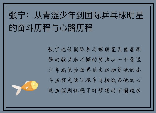 张宁：从青涩少年到国际乒乓球明星的奋斗历程与心路历程